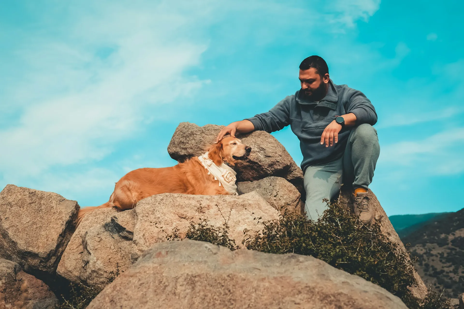A man sits on large rocks and gently pats his golden retriever dog against a bright blue sky background.