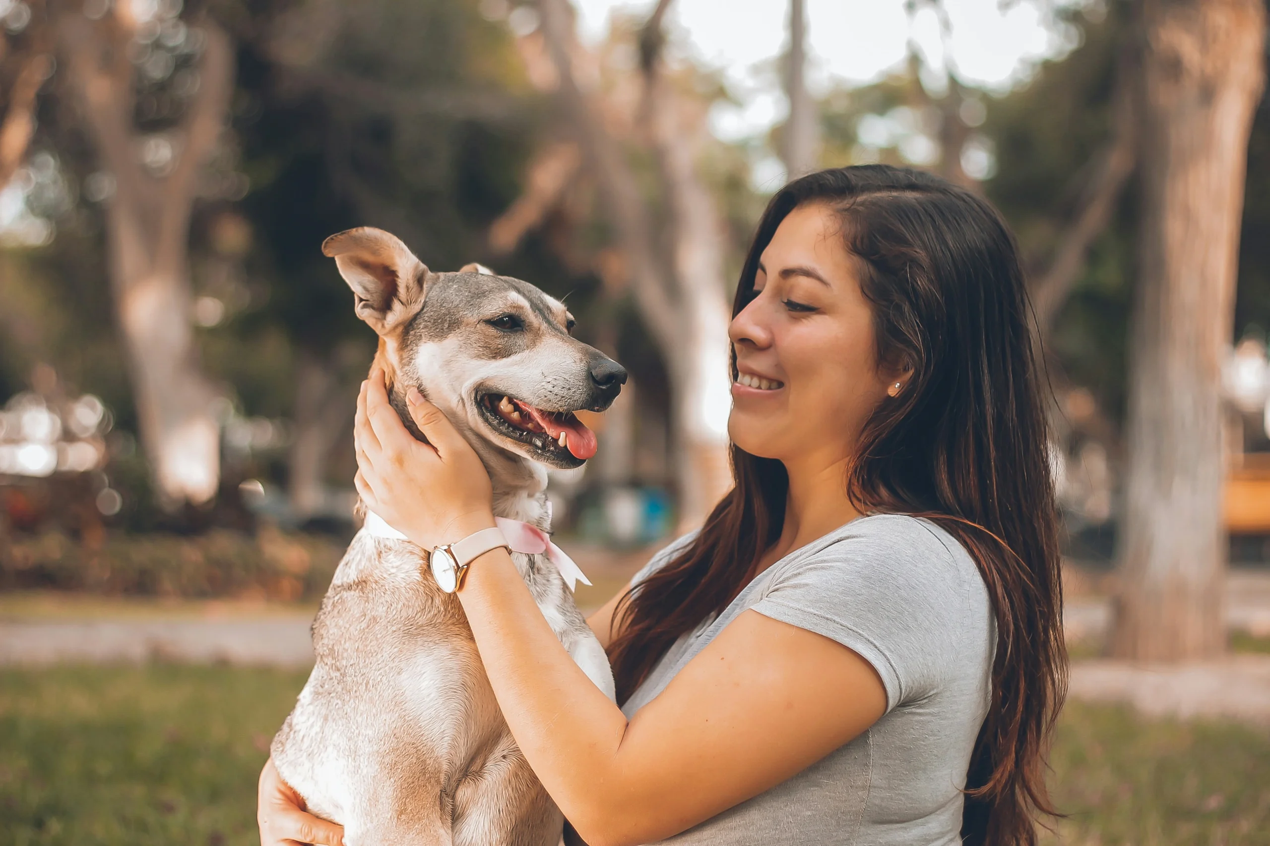 A smiling woman gently holds and looks at her happy medium-sized dog in a park.